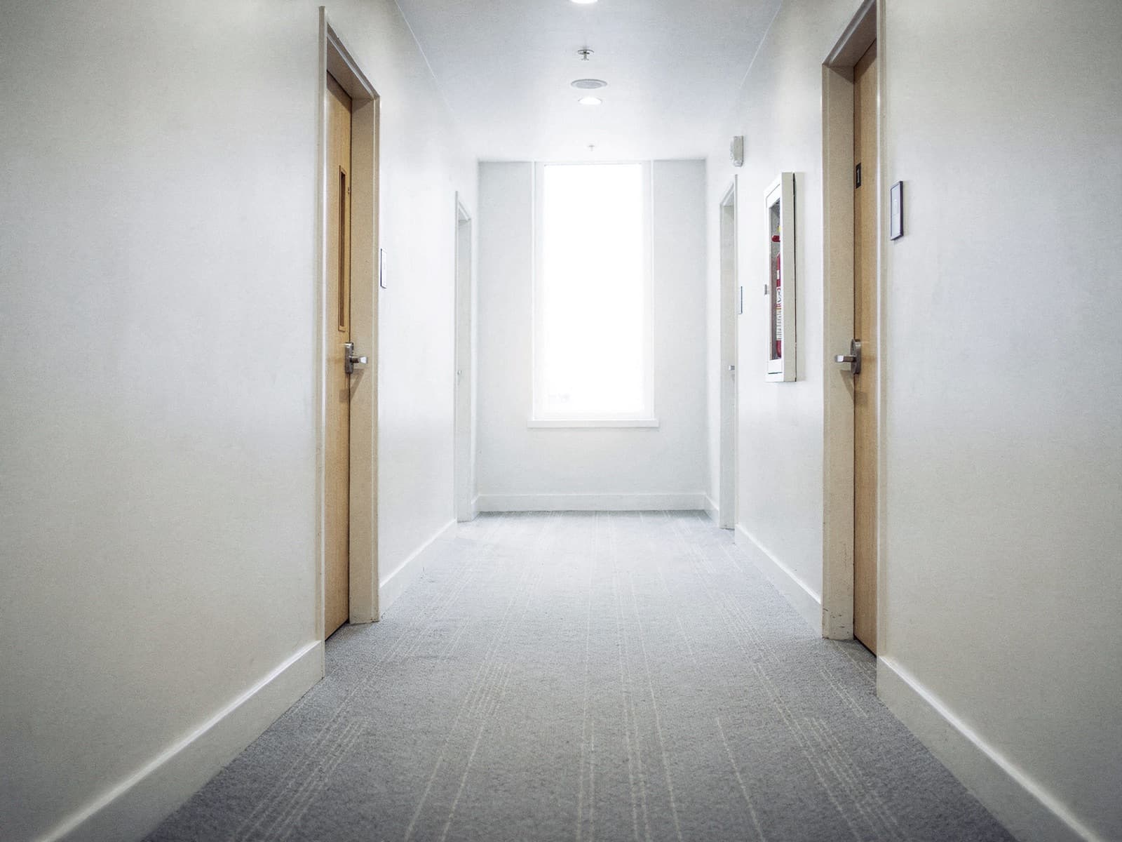 Apartment building corridor with grey carpet and daylight from a window at the far end