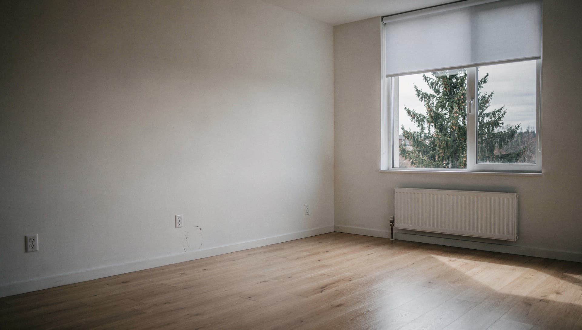 Empty apartment living room with clean wood floor and daylight from a tall window
